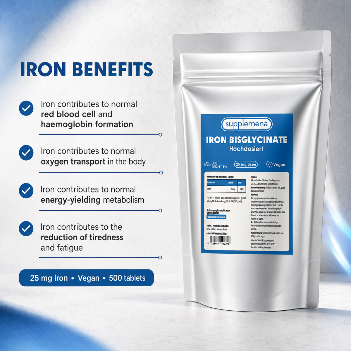 Iron Bisglycinate 25mg – High Dose, 500 Vegan Tablets