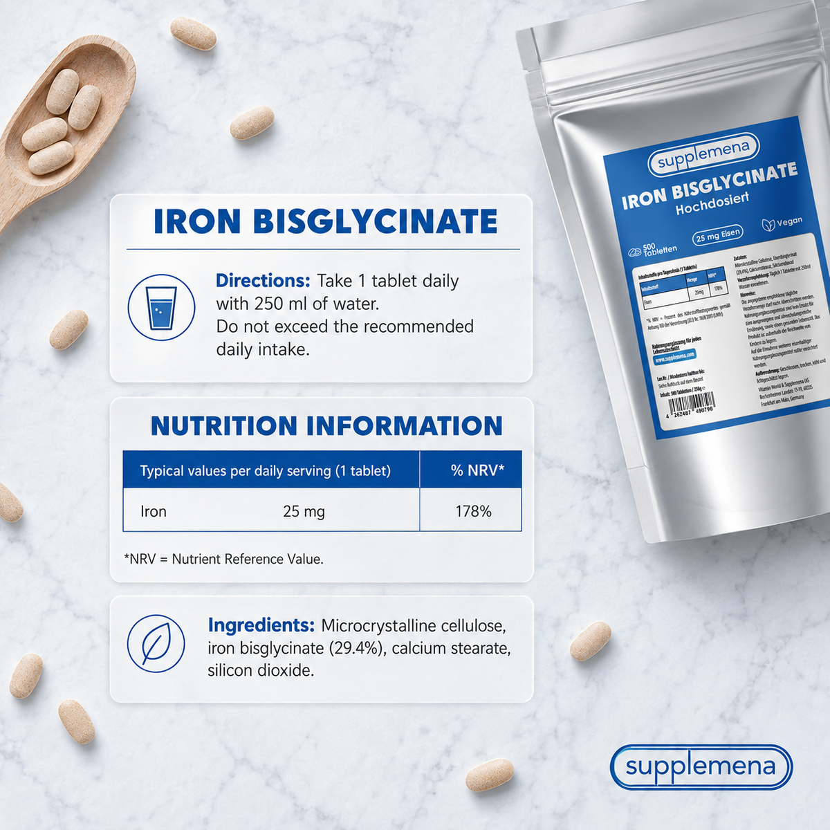 Iron Bisglycinate 25mg – High Dose, 500 Vegan Tablets