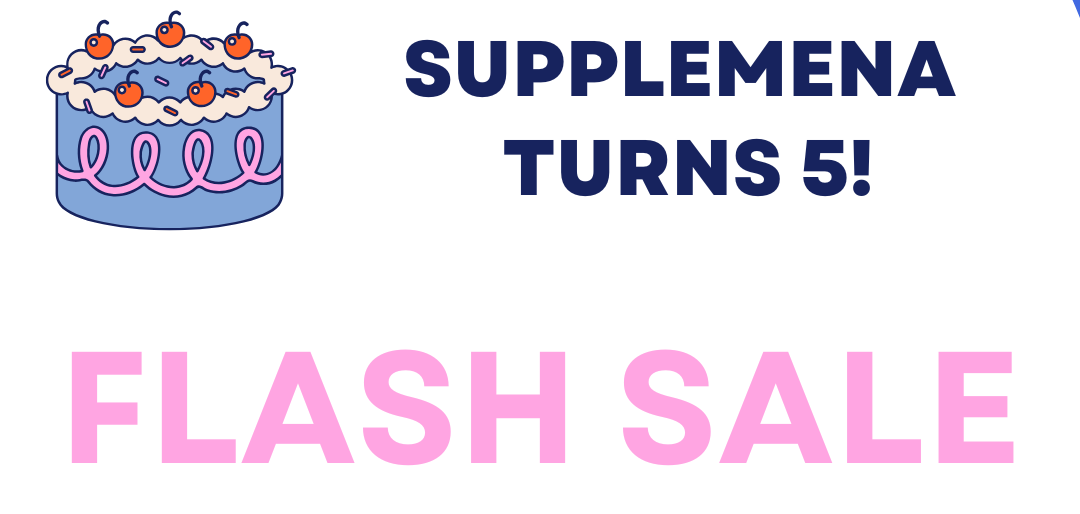 Promotional graphic for Supplemena's 5th anniversary with a cake illustration and flash sale text.