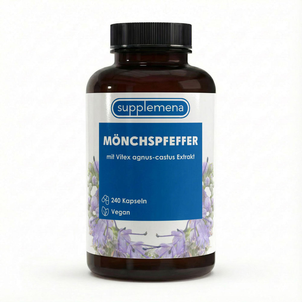 A bottle of Supplemena Mönchspfeffer dietary supplement capsules, featuring an amber glass bottle, a black cap, and a white label with a blue central panel and purple flower illustrations.