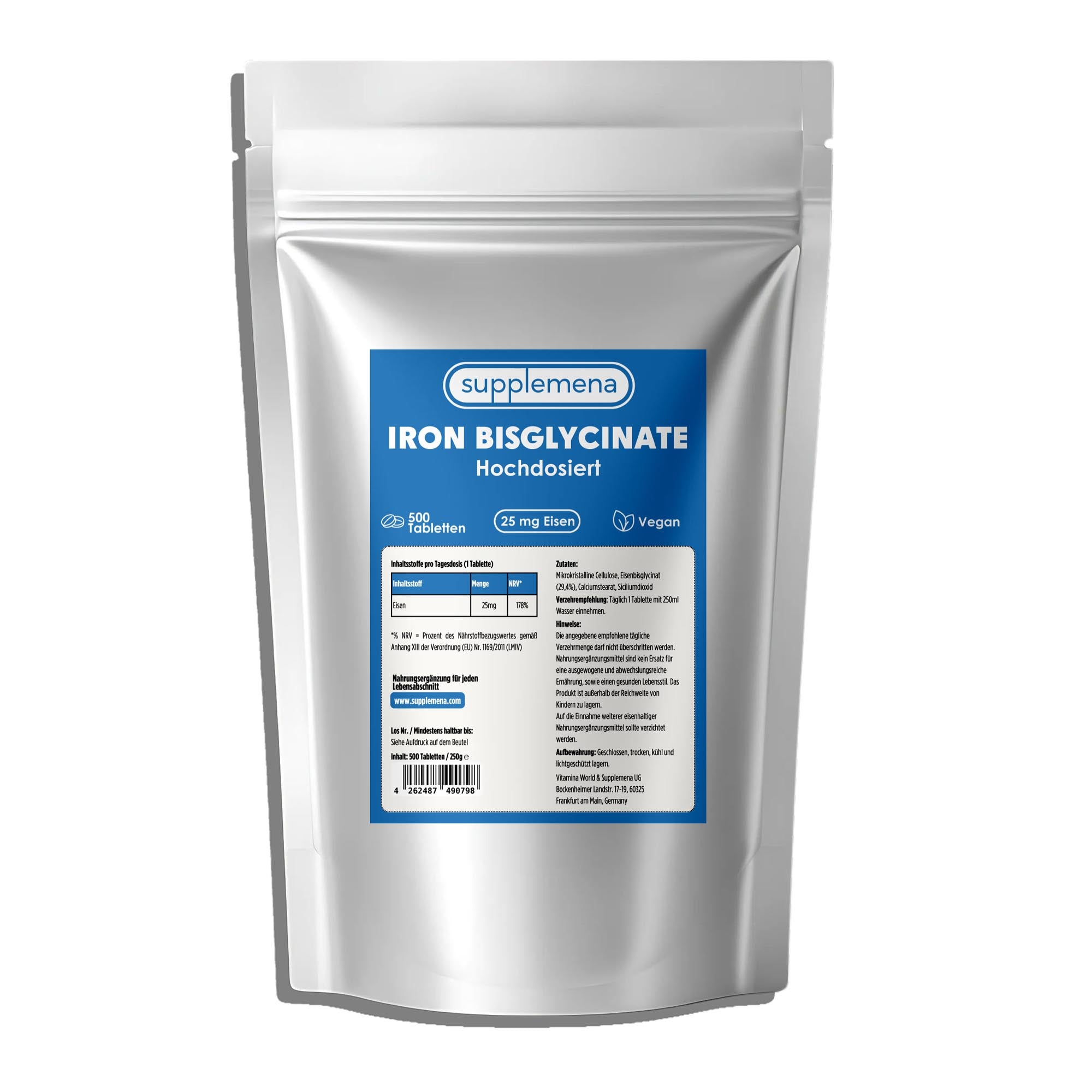 Iron Bisglycinate 25mg – High Dose, 500 Vegan Tablets
