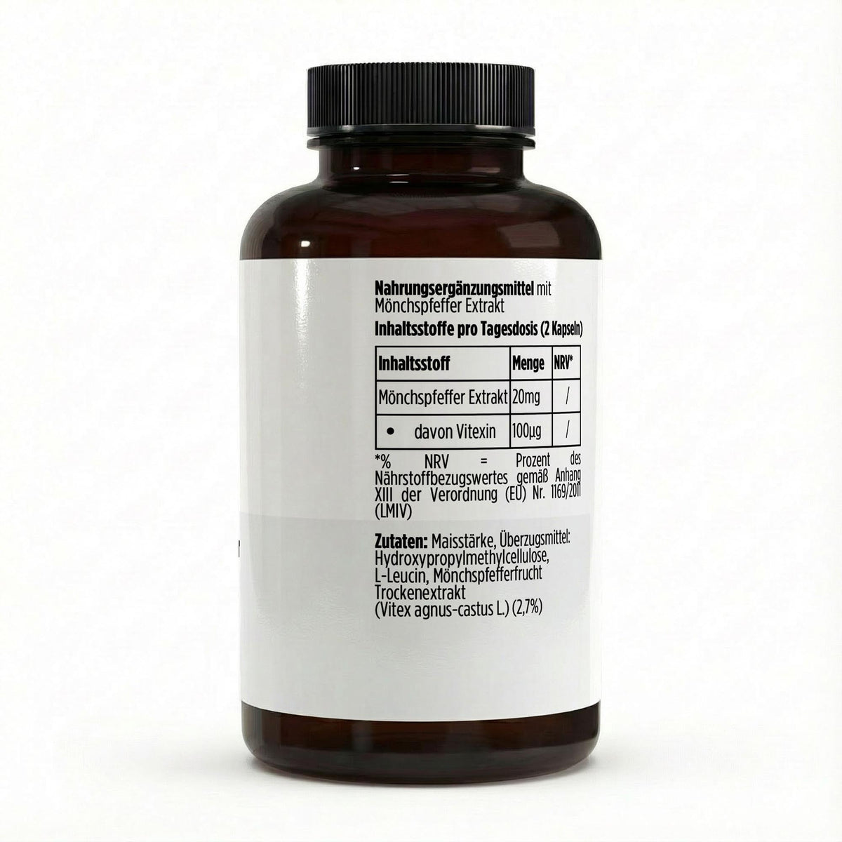 Brown supplement bottle with a white label on a white background