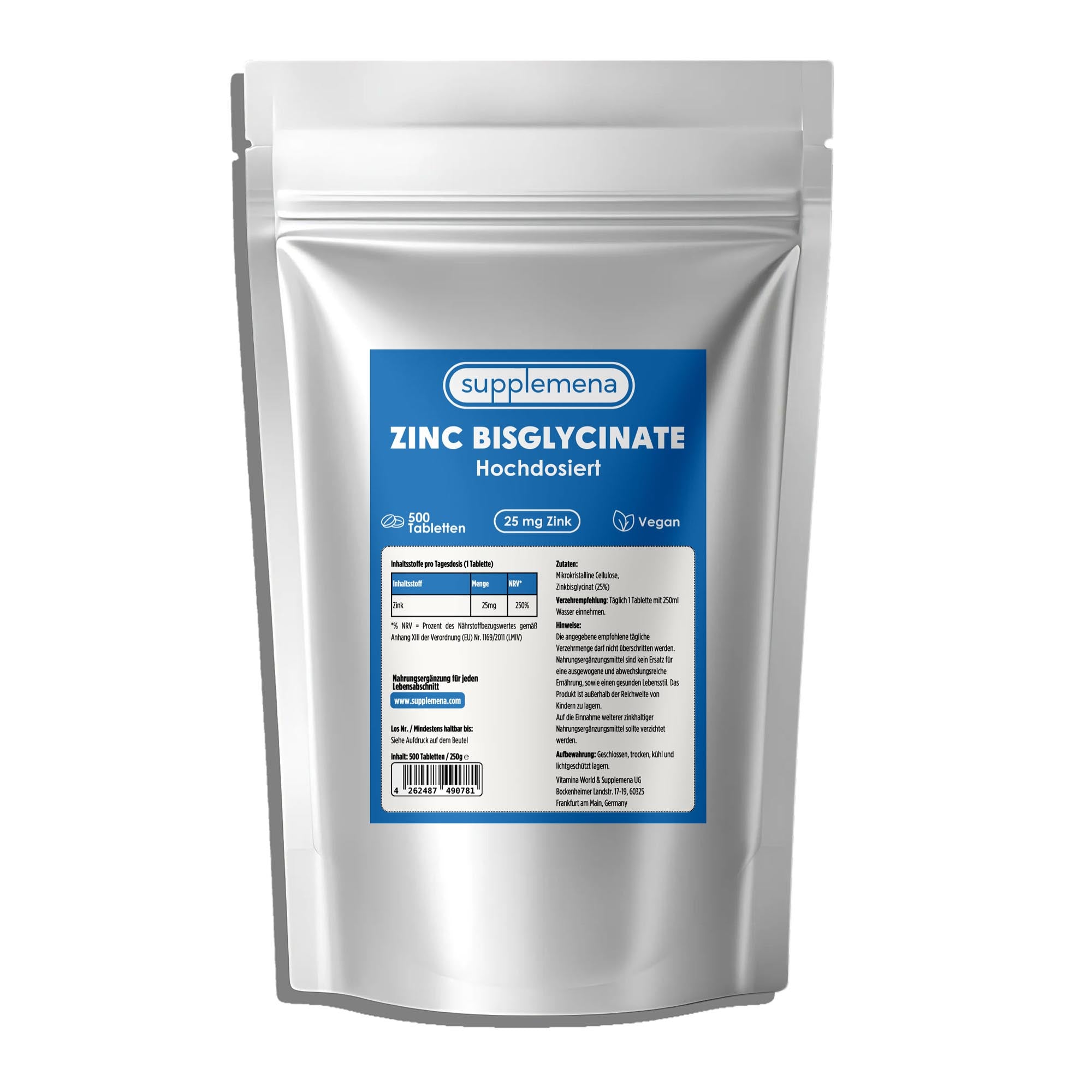 Zinc Bisglycinate 25mg – High Dose, 500 Vegan Tablets